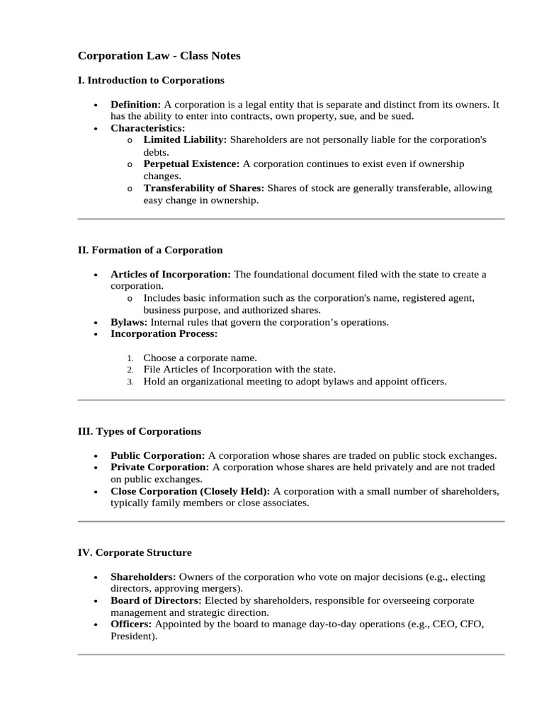 Class Notes For US Corporation Law | PDF | Corporations | Stocks