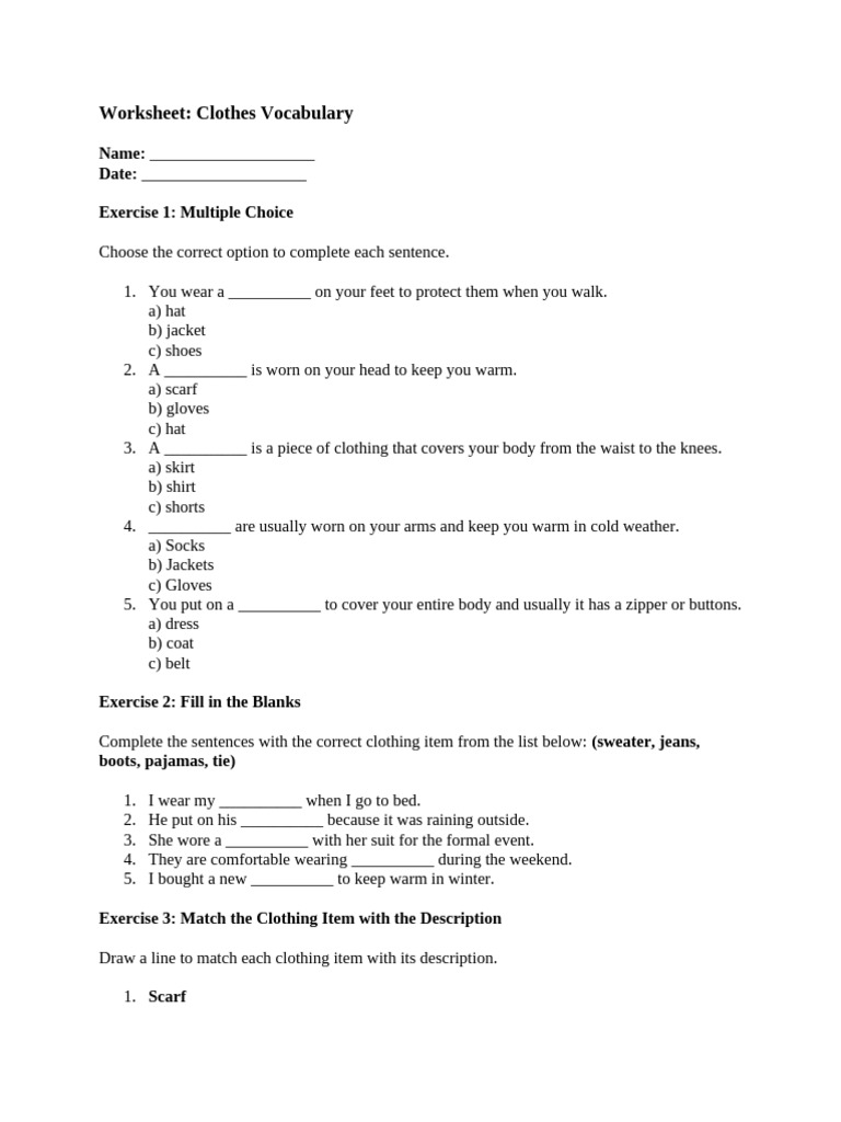 Clothes Vocabulary Worksheet | PDF