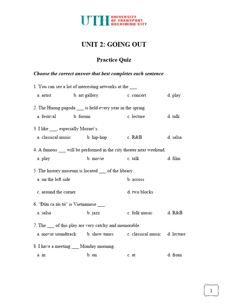B2.2 - Unit 2 - Practice Quiz | PDF | Entertainment | Performing Arts