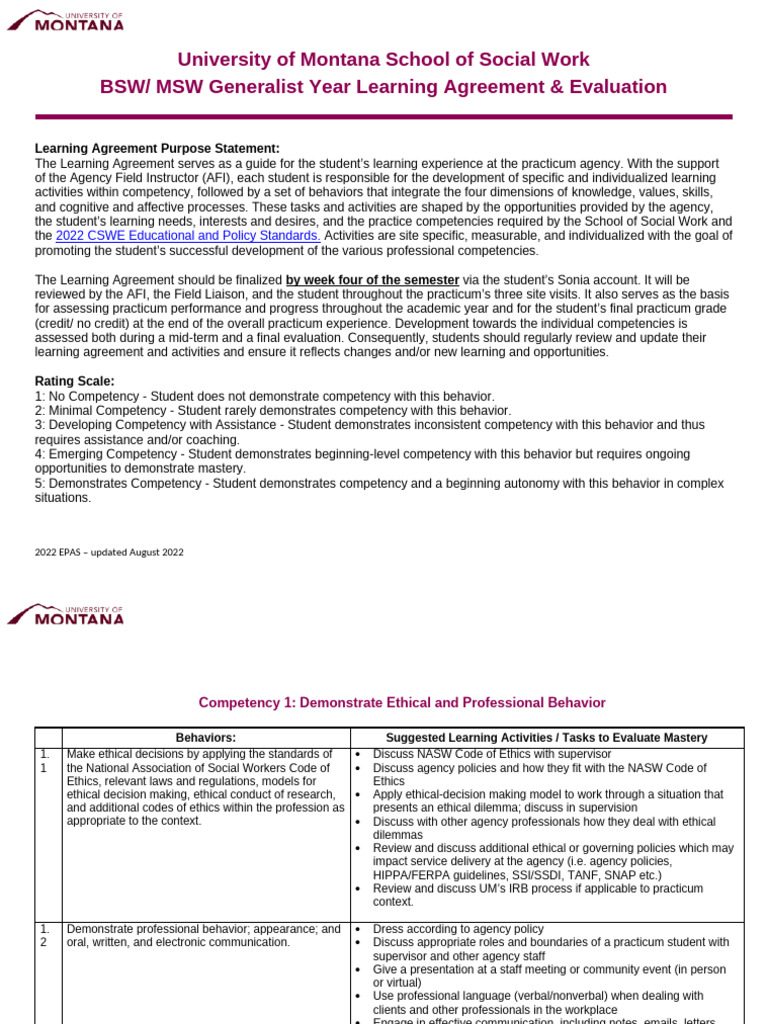UM Social Work BSW/MSW Learning Agreement | PDF | Evidence Based ...