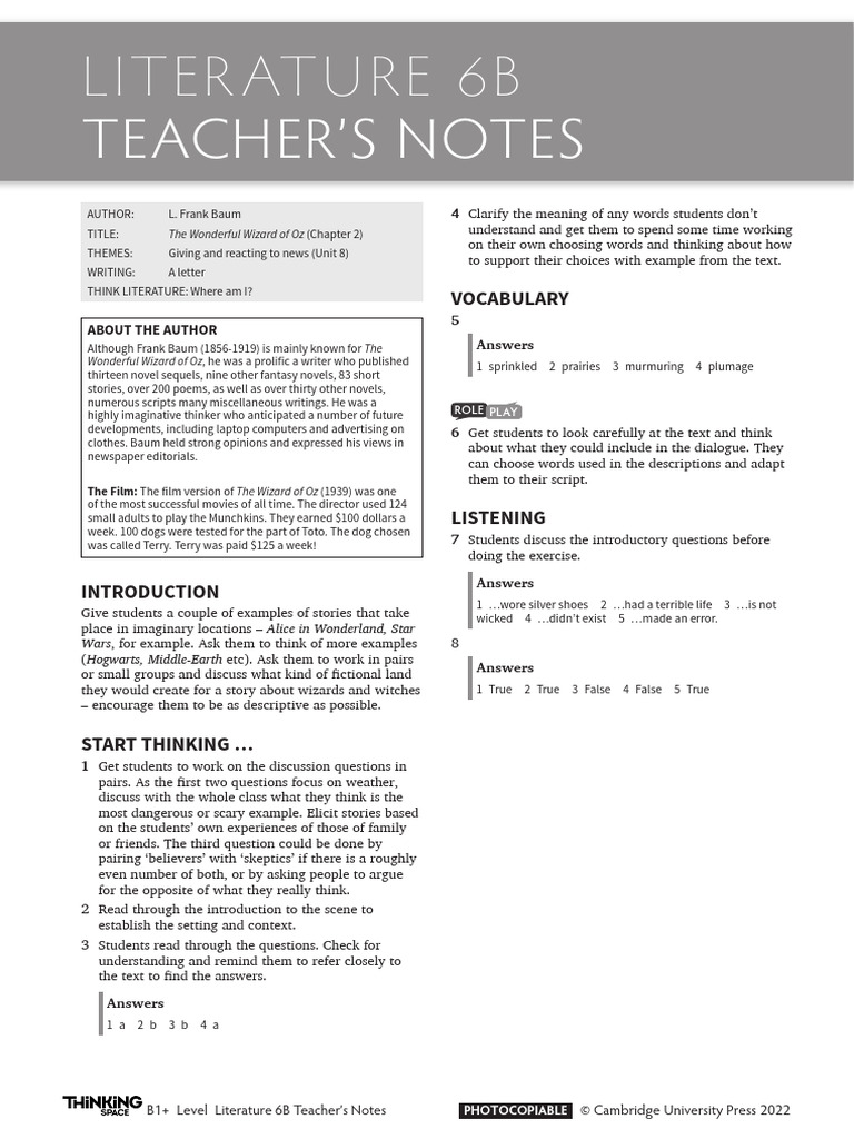 THKSP ES B1+ Literature Unit 6B Teacher Notes | PDF | Dorothy Gale ...