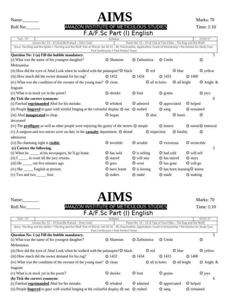 F.A F.SC Part (I) Test Test No 7 | PDF