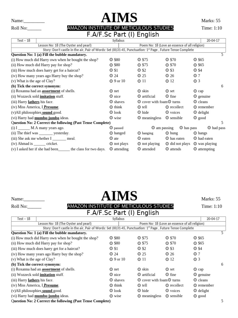 F.A F.SC Part (I) Test No 18 | PDF
