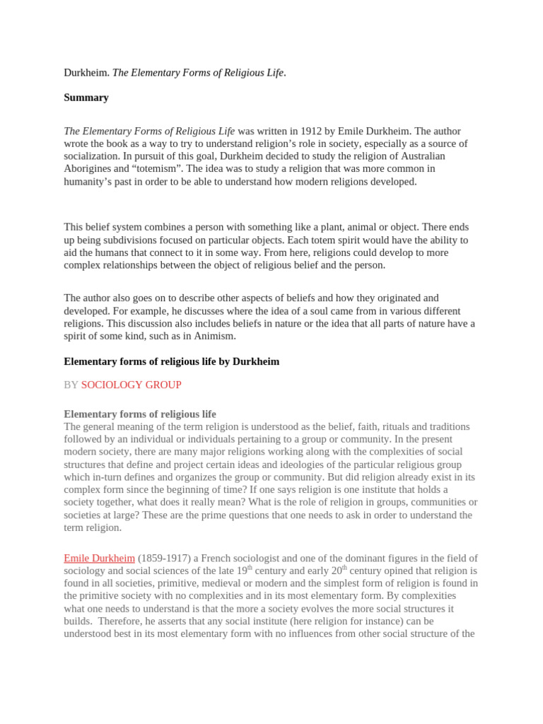 Durkheim - Elementary Forms of Religious Life | PDF | Society | Sociology