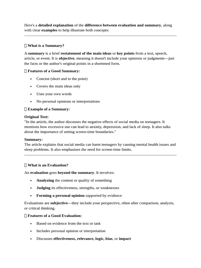 Summary vs. Evaluation Explained | PDF | Evaluation | Memorandum