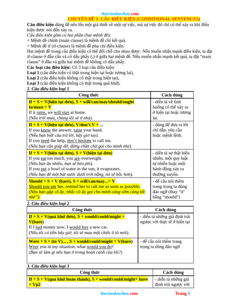 Chuyen de 5 Cau Dieu Kien On Thi Vao 10 | PDF
