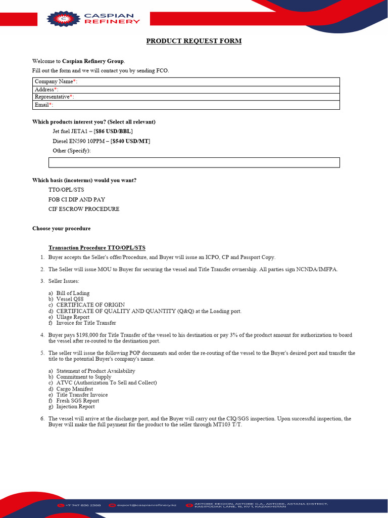 Caspian Refinery Group Product Request | PDF