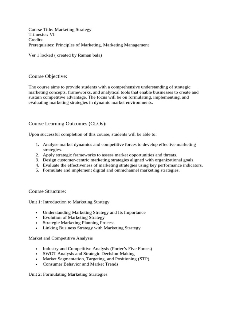 Strategic Marketing Course Outline | PDF | Marketing Strategy | Marketing