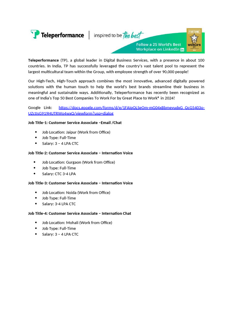 Teleperformance Job Opportunities in India | PDF