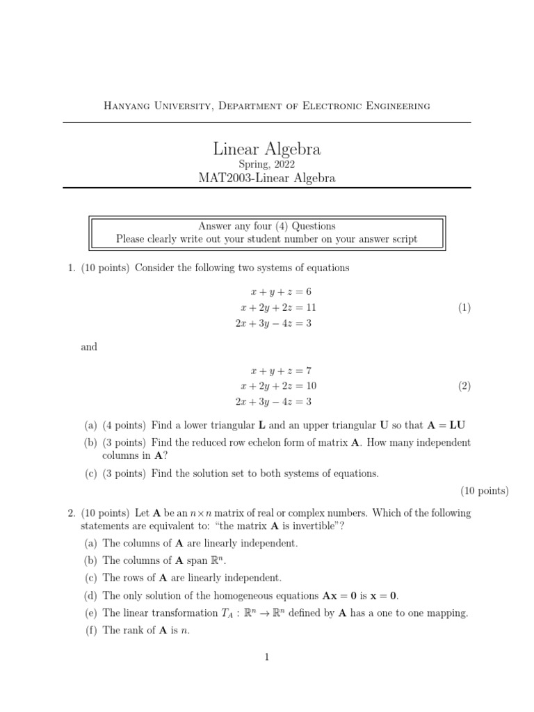 Linear Algebra Exam Questions 2022-2024 | PDF | Functions And Mappings ...