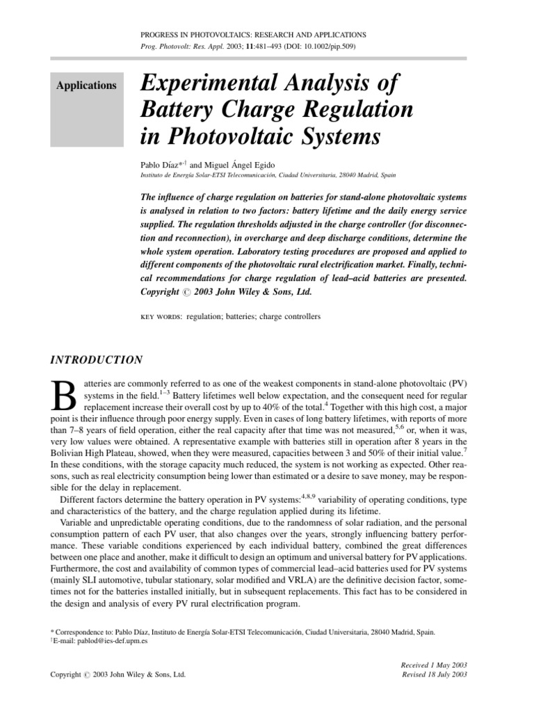Experimental Analysis of Battery Charge Regulation in Photovoltaic ...