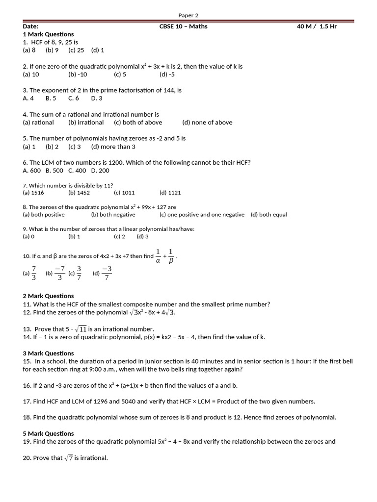 CBSE Class 10 Maths Practice Paper | PDF