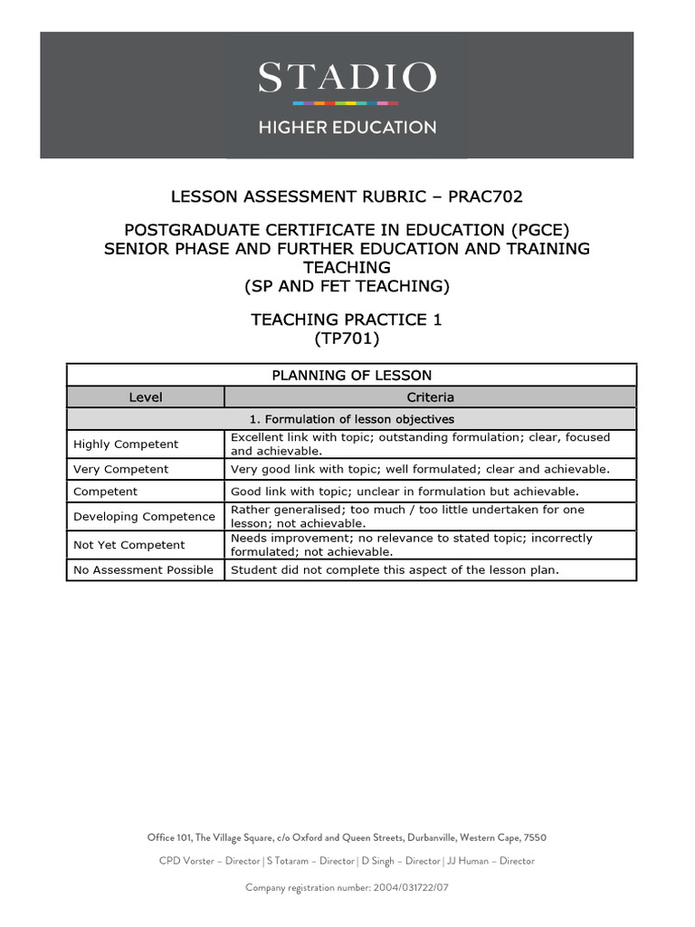 TP701 - PGCEM3 Rubric For Assessment of Lesson PRAC702 | PDF | Learning ...