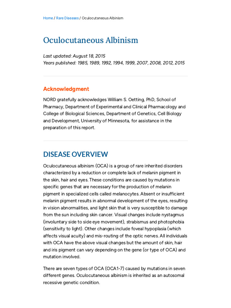 Types of Oculocutaneous Albinism | PDF