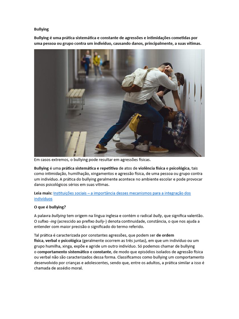 Entendendo o Bullying Escolar e suas Causas | PDF | Assédio moral ...