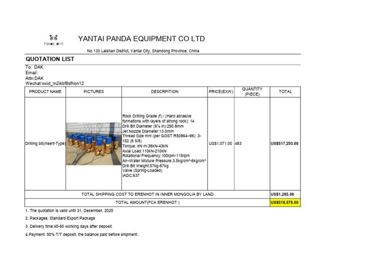 Quotation for Tricone Drill Bits | PDF
