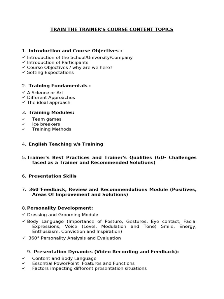 Train the Trainer Course Overview | PDF | Body Language | Learning