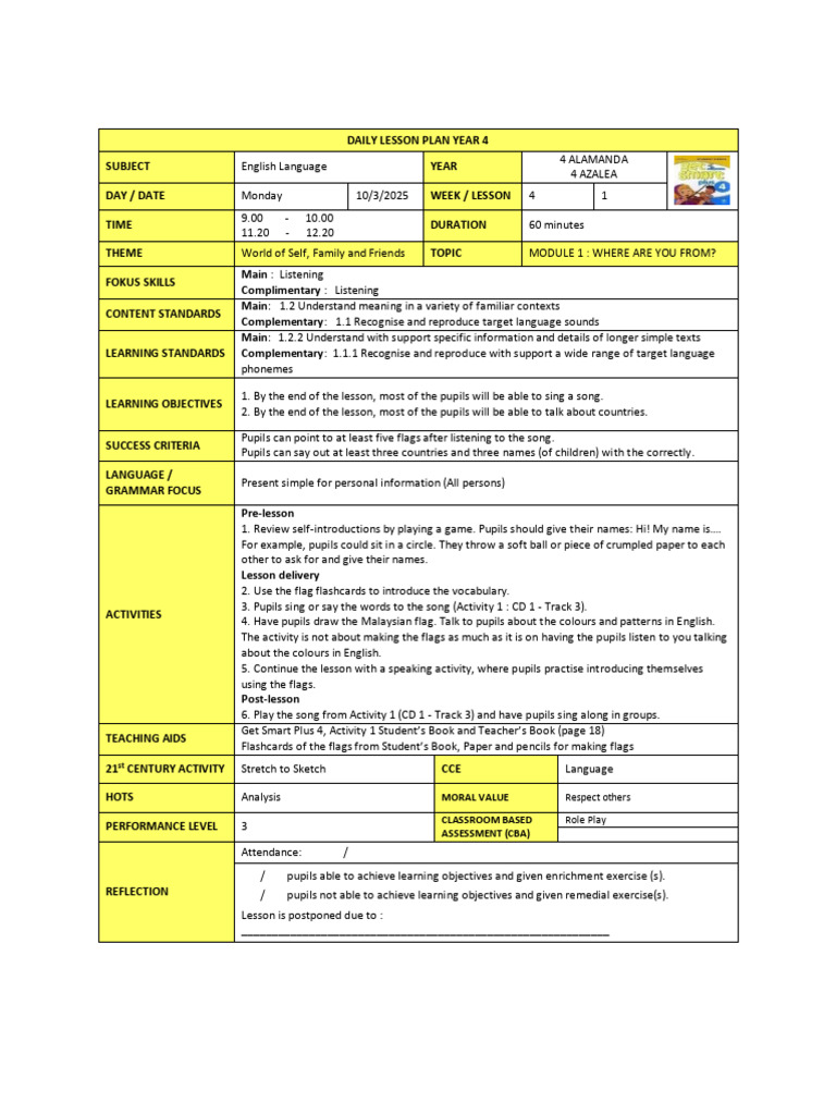 Year 4 English Lesson Plans: Module 1 | PDF | Lesson Plan | Poetry