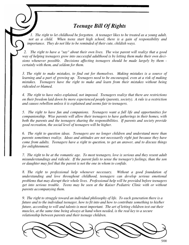 Teenage Bill of Rights Explained | PDF | Adolescence | Social Institutions