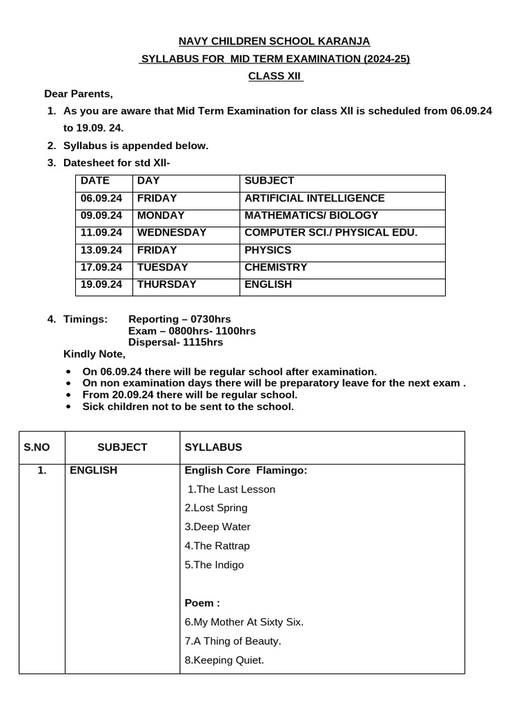Class XII Mid Term Exam Syllabus 2024-25 | PDF | Electricity