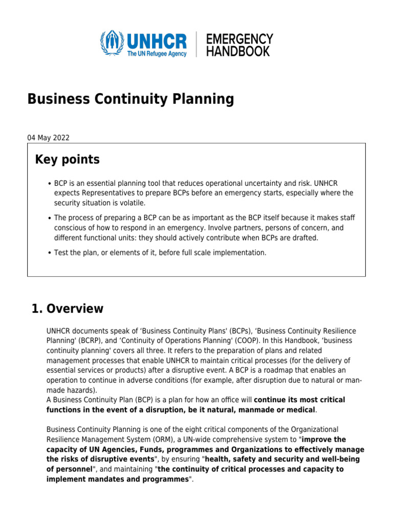 UNHCR Business Continuity Planning Guide | PDF | Business