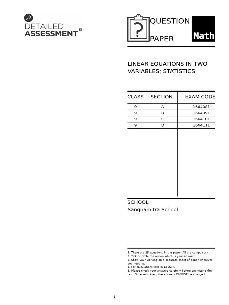 Class 9 Linear Equations & Statistics Exam | PDF | Statistics | Equations