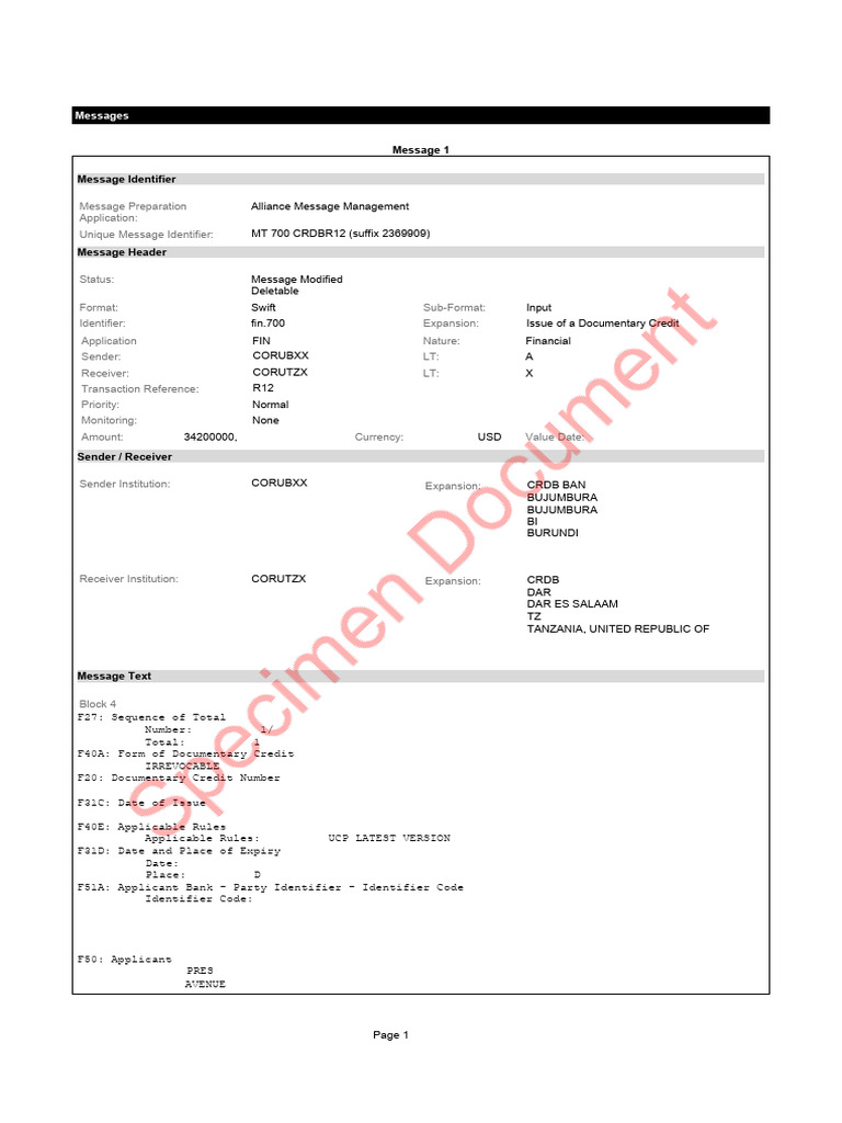 MT700 Documentary Credit Details | PDF | Bill Of Lading | Receipt
