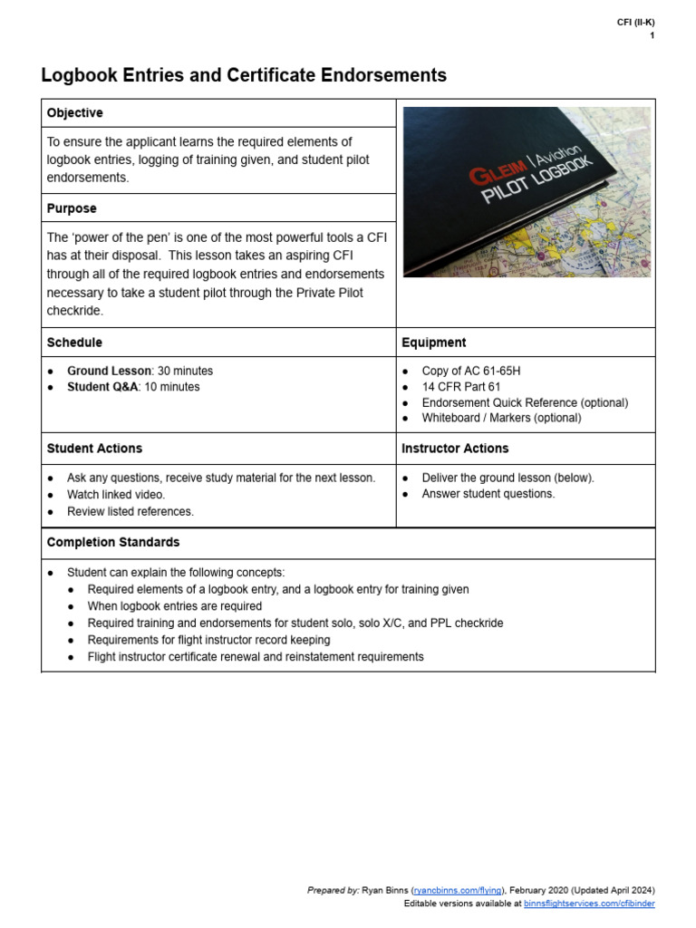 CFI Logbook and Endorsement Guide | PDF | Flight Instructor | Aviation
