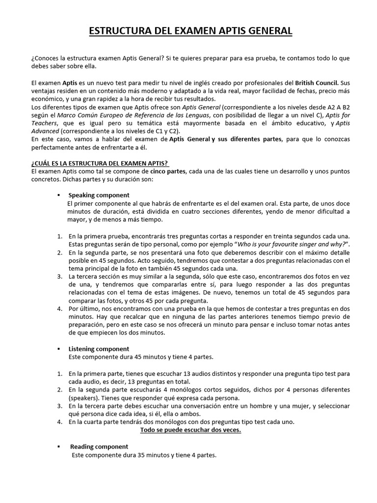 Estructura del Examen Aptis General | PDF