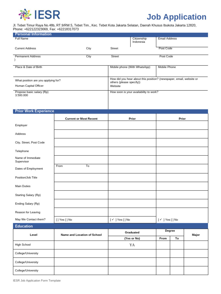 IESR Job Application Form Template | PDF