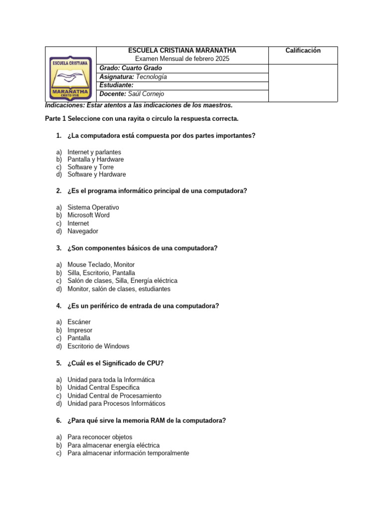 Examen de CUARTO Grado | PDF | Hardware de la computadora | Informática