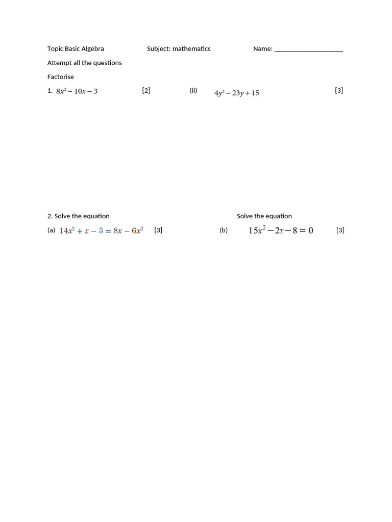 Basic Algebra Past Paper Questions | PDF