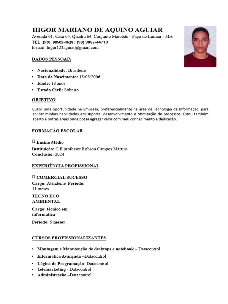 Higor Aguiar: Currículo e Formação | PDF