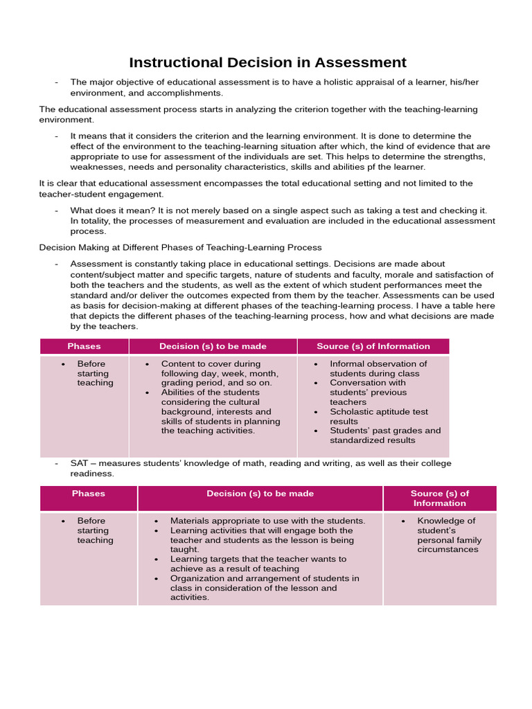Instructional Decision in Assessment | PDF | Educational Assessment ...
