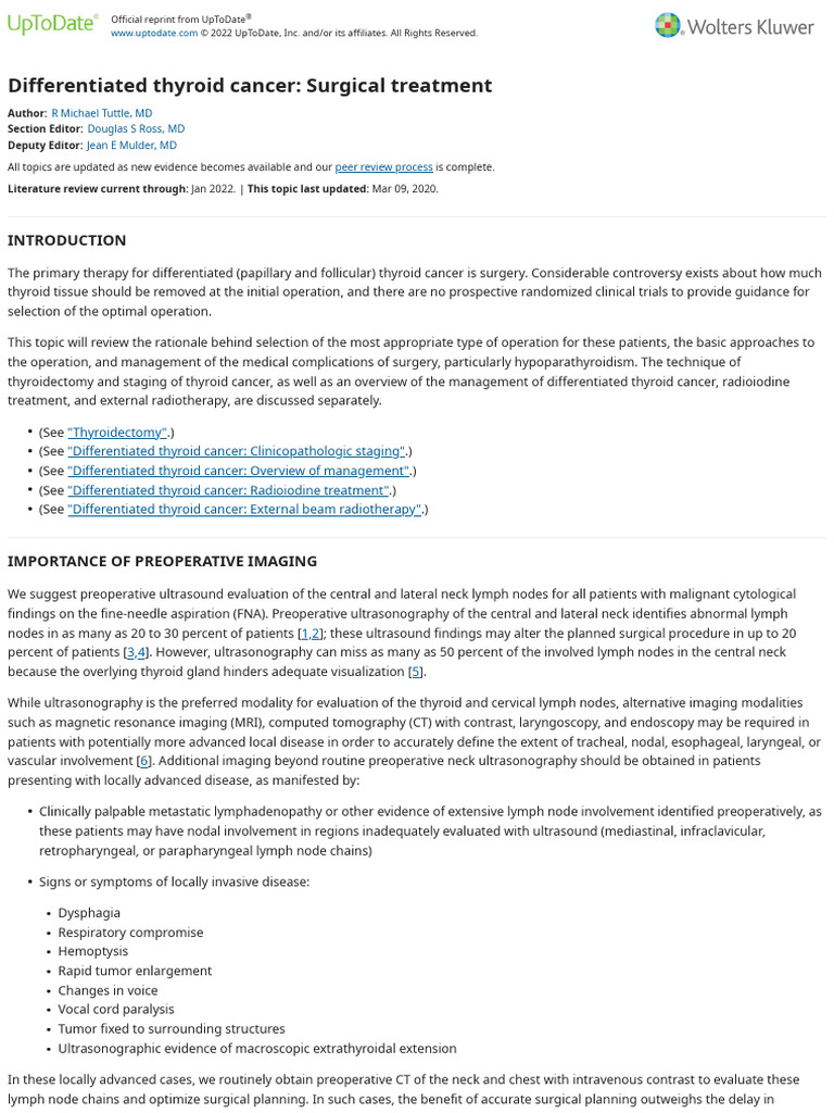 Thyroid Differentiated Thyroid Cancer Surgical Treatment UpToDate | PDF ...