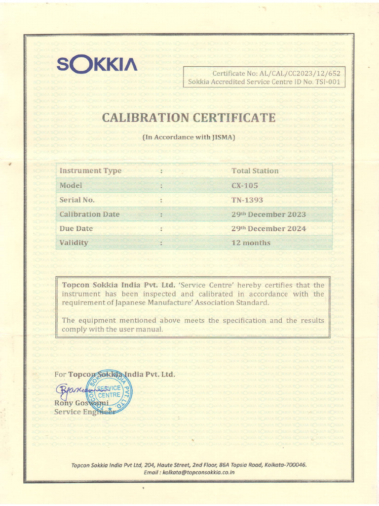 Calibration Certificate for Sokkia Instruments | PDF