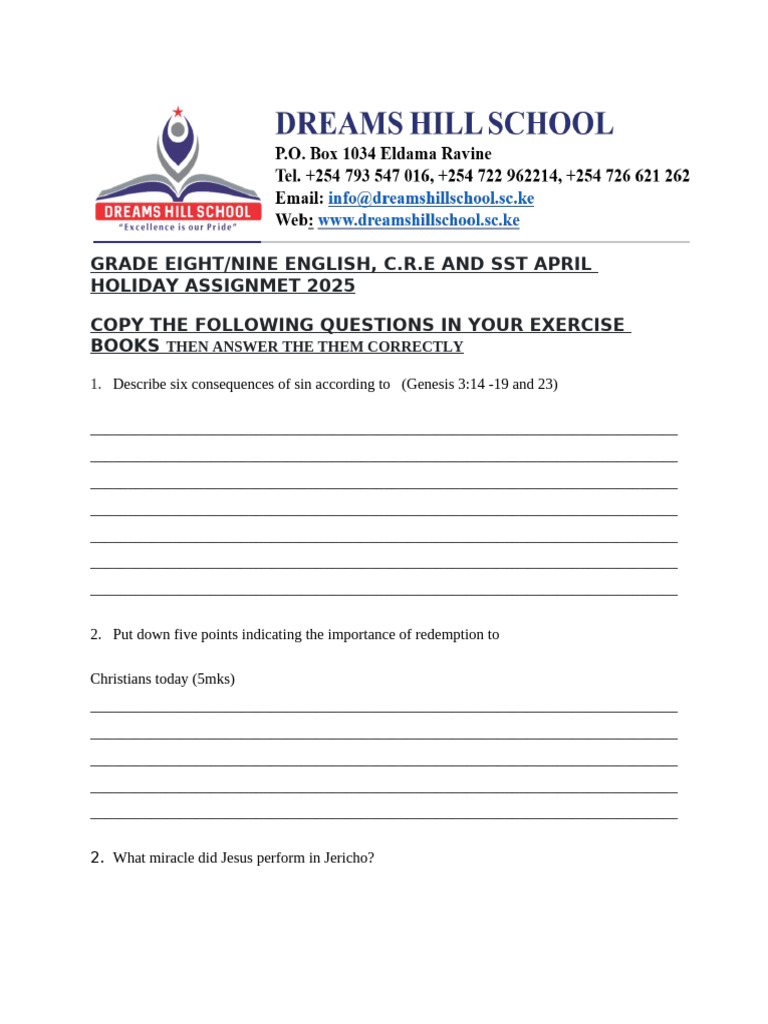 Grade 8 C.R.E Holiday Assignment | PDF | Hunting | Poetry