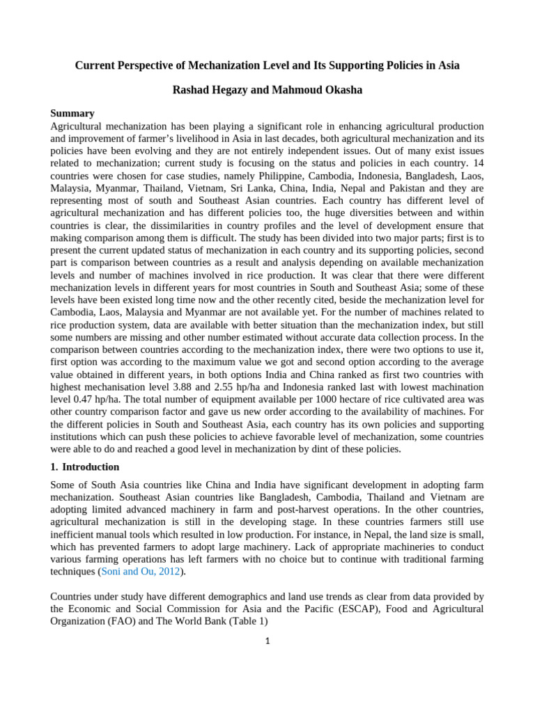 Mechanization Levels and Policies in Asia | PDF | Agriculture ...