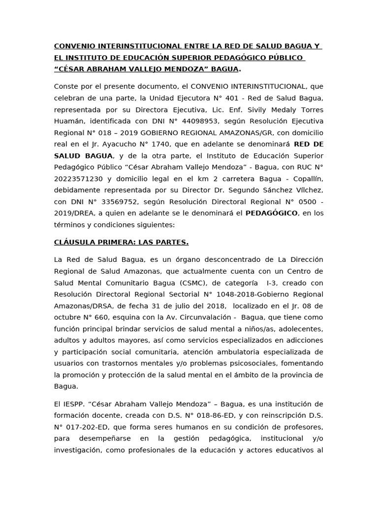 Modelo de Convenio Interinstitucional Entre La Red de Salud Bagua y El ...