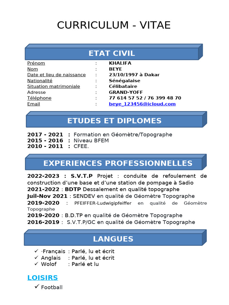 CV de Khalifa Beye - Géomètre Topographe | PDF