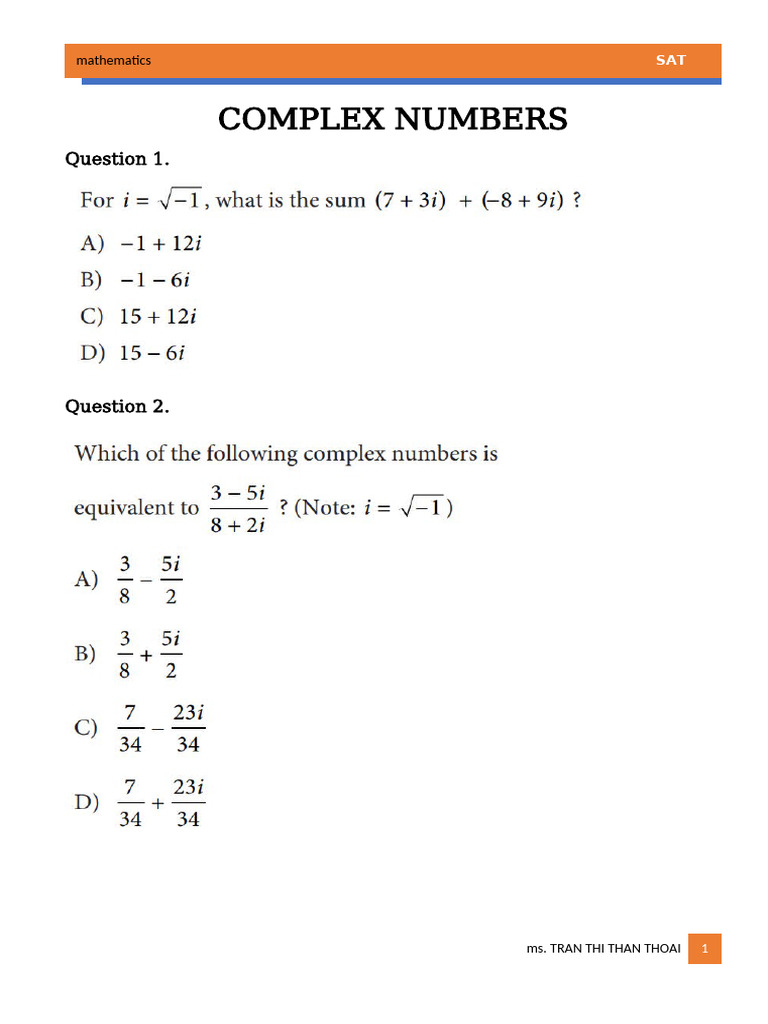 SAT Mathematics Complex Numbers Guide | PDF
