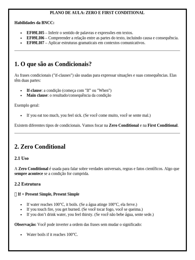 Atividades de Zero e First Conditional | PDF