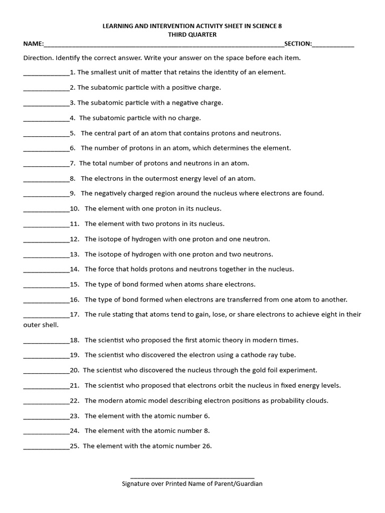 Science 8 Atomic Structure Activity Sheet | PDF | Atomic Nucleus | Atoms