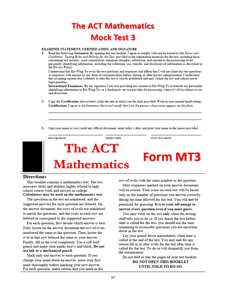 ACT Mathematics Mock Test 3 | PDF | Area | Cartesian Coordinate System