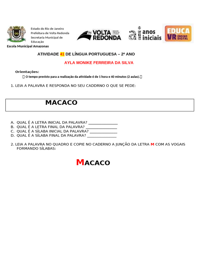 Atividade de Língua Portuguesa - 2º Ano | PDF