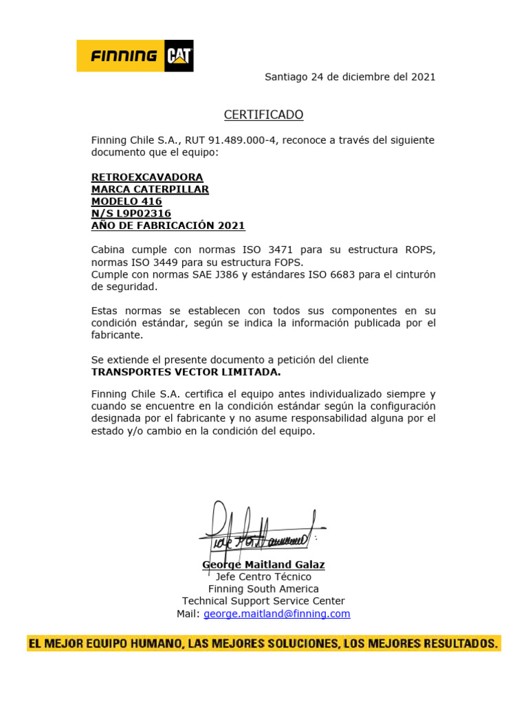 Certificación ROPS y FOPS Finning Chile | PDF