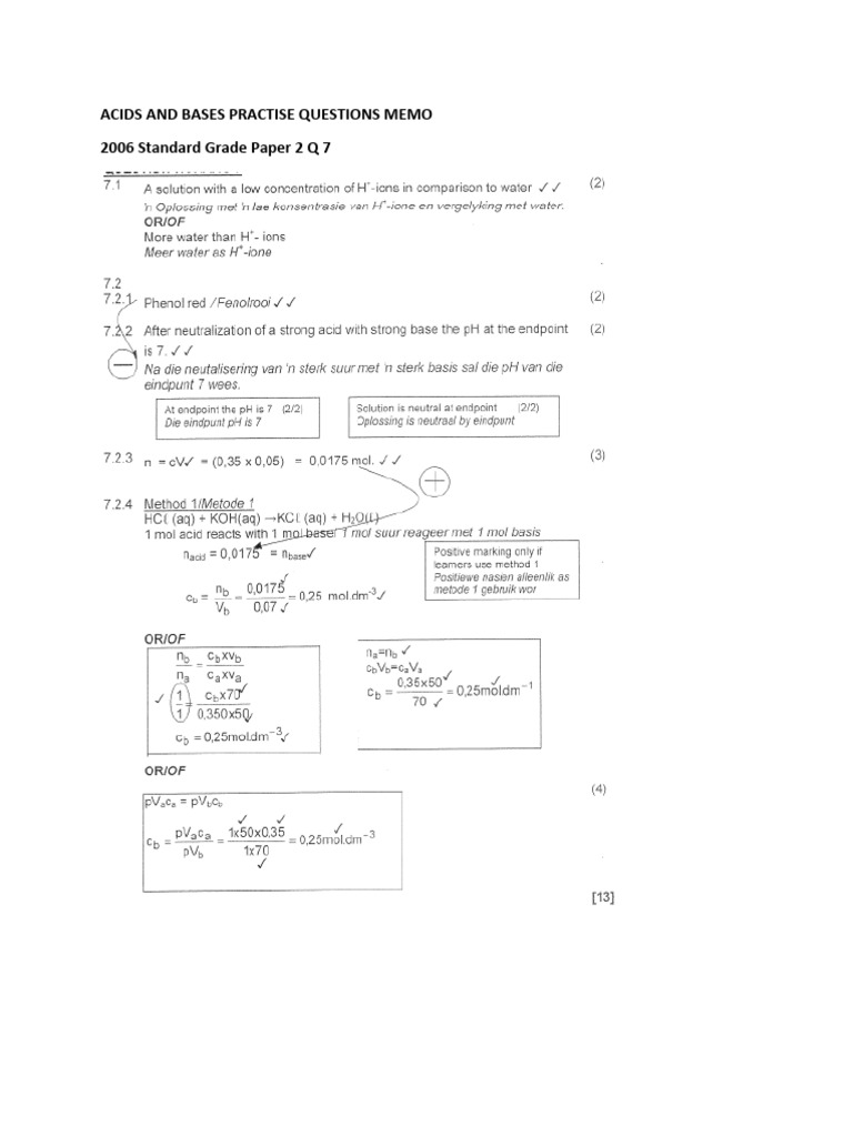 Grade 12 Acids and Bases Practice Memo | PDF