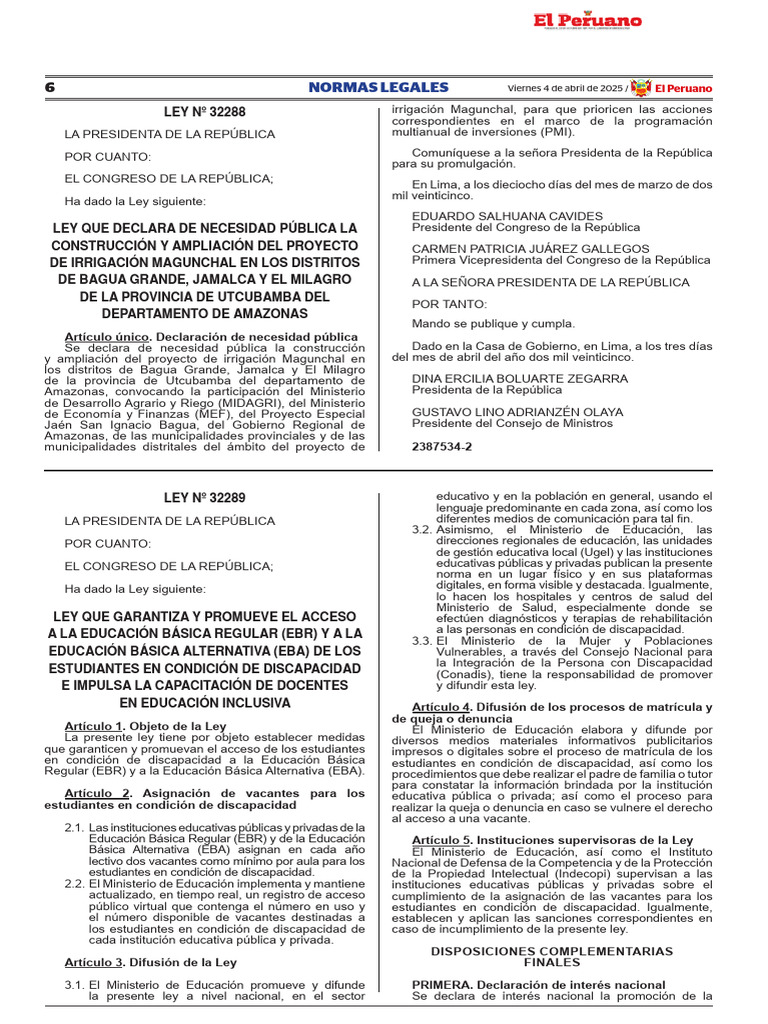 Ley 32289: Acceso a Educación Inclusiva | PDF | Invalidez | Educación ...