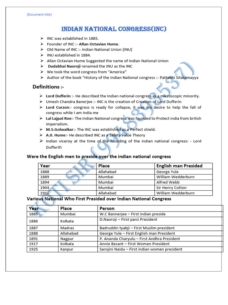 History of Indian National Congress | PDF | Indian National Congress ...