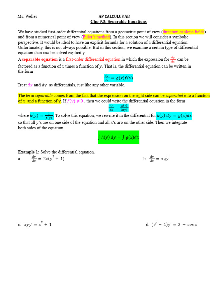 ap+calc+ab+chp+9.3+note-1+%281%29 | PDF | Equations | Tangent
